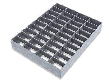 A galvanised press-locked steel grating with smaller rectangular mesh.
