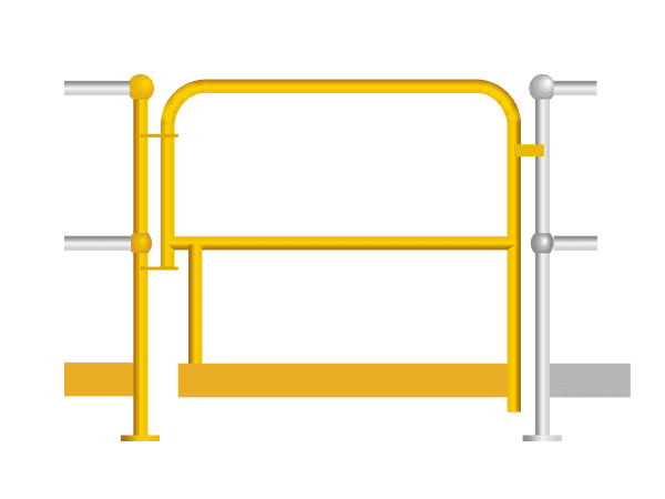 A gate with kick plate of grating stanchions railing ball joint handrails.