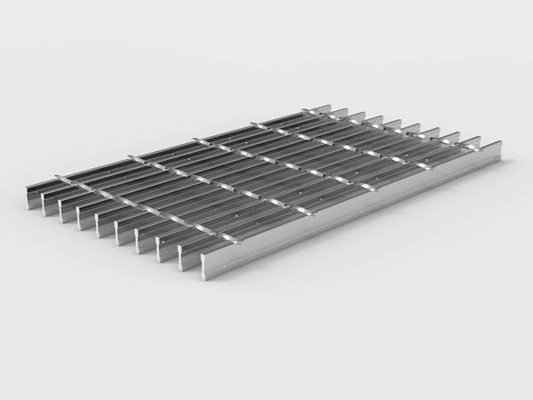 A piece of steel grating with I shape bearing bars.