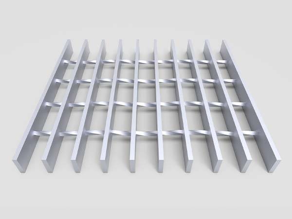 Rectangular bearing bar of aluminum grating with a plain surface is displayed.