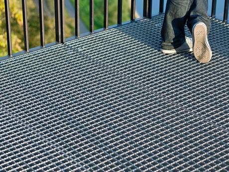 Serrated welded steel grating used to prevent people from slipping on the balcony.