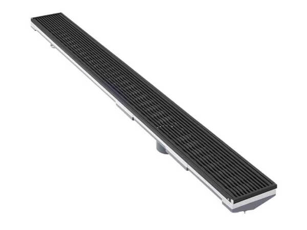 A piece of black finished stainless steel wedge wire floor grate.