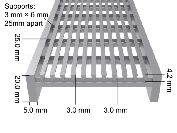 A drawing shows the main technical parameter of stainless steel wedge wire floor grate.