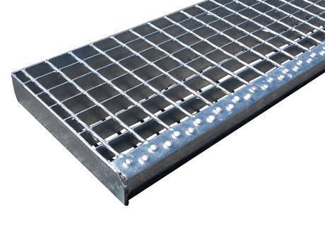 A welded stair tread steel grating with round hole plate nosing.