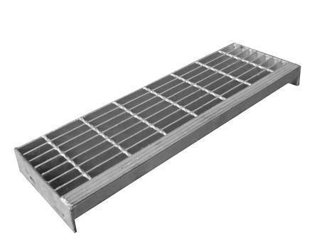 A welded stair tread steel grating with vertical stripped plate nosing.